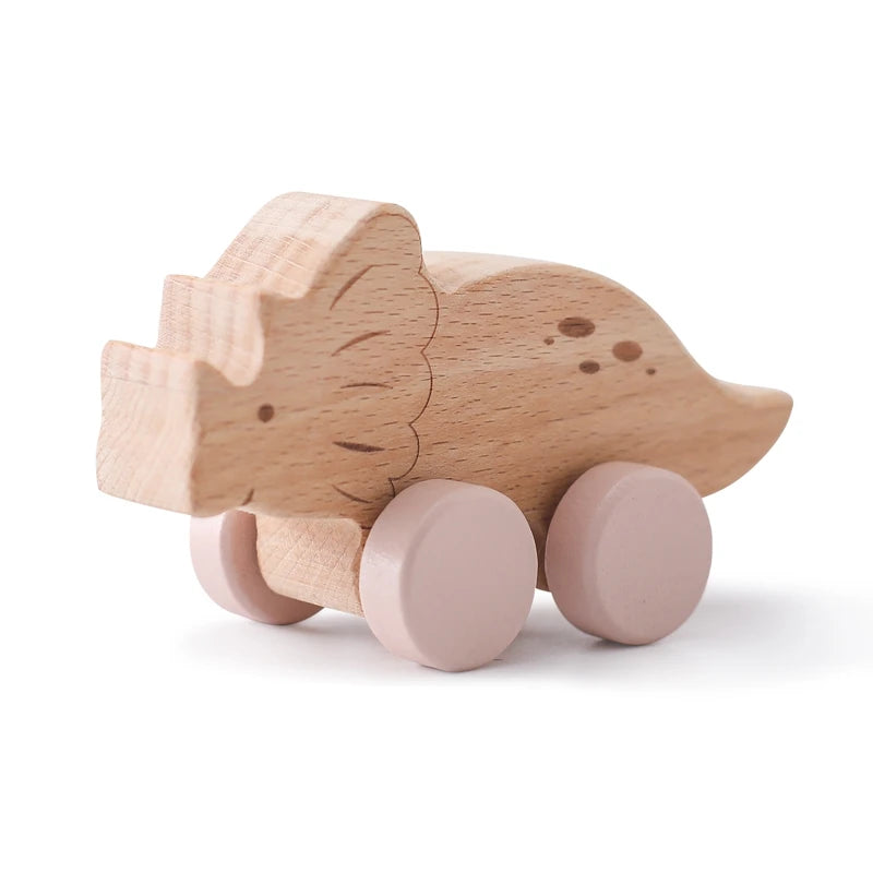 Wooden Baby Car Toys Beech Wooden Dinosaur Cartoon Car Teether Educational Montessori Toys for Children Teething Baby Toys