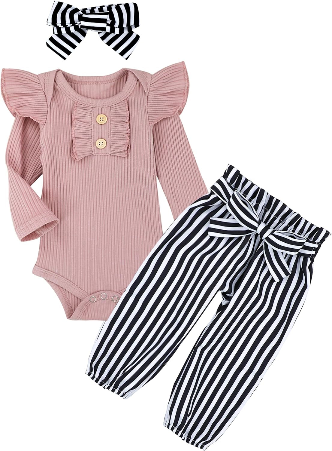 Newborn Baby Girl Clothes Ribbed Ruffle Sleeve Romper + Floral Pants + Headband Cute Infant Baby Girl Outfit 3Pcs