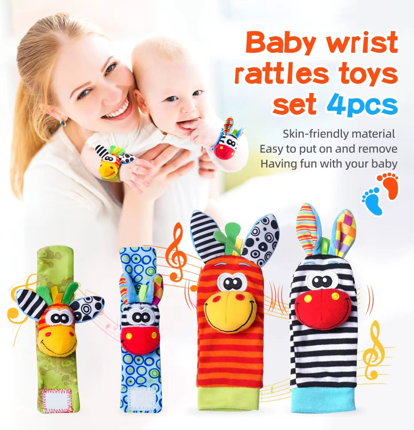 Baby Toys 0-12 Months Baby Rattles Toys Animal Socks Infants Kids Foot Finder Wrist Strap Baby Socks Sensory Toys for Babies 0-3