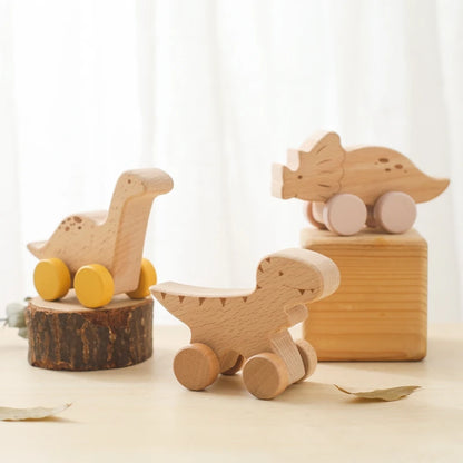 Wooden Baby Car Toys Beech Wooden Dinosaur Cartoon Car Teether Educational Montessori Toys for Children Teething Baby Toys