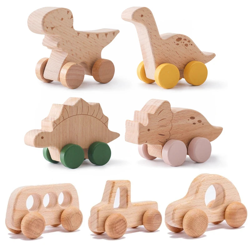 Wooden Baby Car Toys Beech Wooden Dinosaur Cartoon Car Teether Educational Montessori Toys for Children Teething Baby Toys