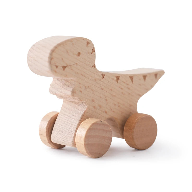 Wooden Baby Car Toys Beech Wooden Dinosaur Cartoon Car Teether Educational Montessori Toys for Children Teething Baby Toys